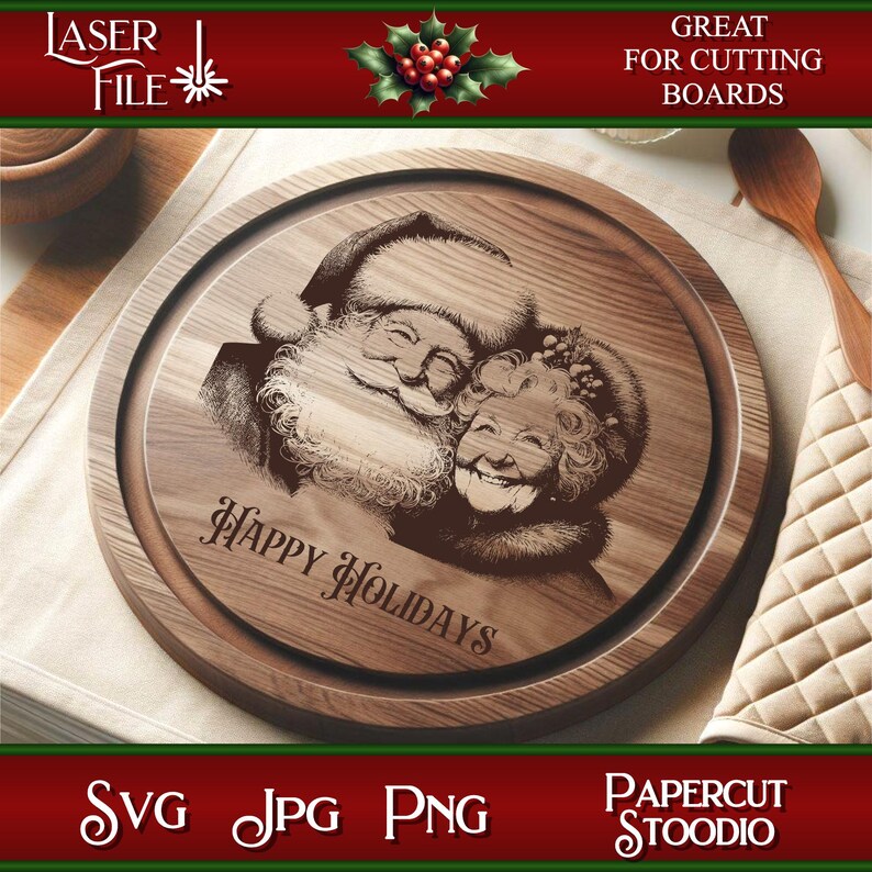 Puede incluir: Una tabla de cortar de madera con un dise&ntilde;o grabado con l&aacute;ser de Santa Claus y una mujer con el texto "Felices Fiestas".