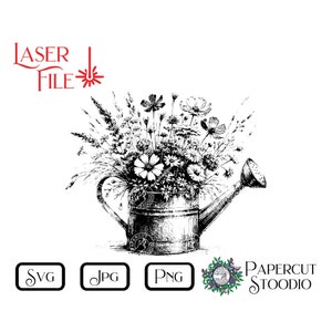 Può includere: Illustrazione in bianco e nero a linea di un annaffiatoio pieno di un mazzo di fiori selvatici. L'annaffiatoio ha un aspetto vintage con un beccuccio e un manico. I fiori sono disposti in uno stile sciolto e naturale.