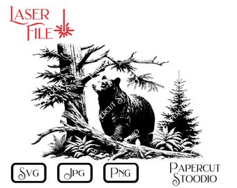 May include: Black and white illustration of a bear standing in a forest. The bear is looking to the left. The bear is surrounded by trees and bushes. The image is a digital file for laser cutting.