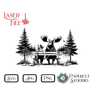 May include: Black and white illustration of a moose and a bear sitting on a bench in a forest setting. The moose and bear are facing away from the viewer, looking at a bird flying overhead. The bench is in front of a lake with trees on either side.