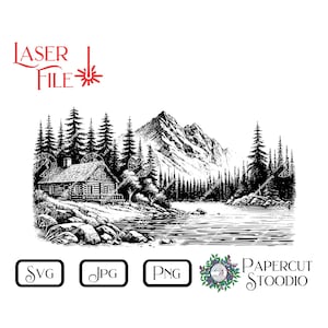 File di incisione laser, Mountain Cabin Wide Svg, Lightburn GlowForge per cartelli decorativi per cabine e laghi, tagliere LightBurn GlowForge, regali unici
