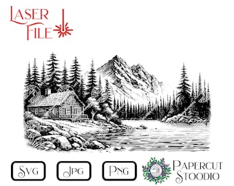 Mountain Cabin Lake Laser Engrave File, Glowforge Lightburn SVG PNG JPG (Digital Download)