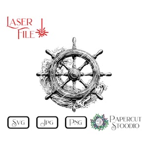 Op de afbeelding: Zwart-wit illustratie van een scheepsstuurwiel omringd door golven. De tekst "LASER FILE" is rood. Bestandstype-pictogrammen voor SVG, JPG en PNG. Het Papercut Stoodio-logo is ook aanwezig.
