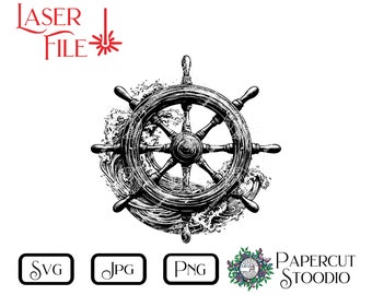 Laser Engrave File, Ship Wheel SVG, Captain Ocean Sea LightBurn GlowForge Signs Cutting Boards Beach House Signs Personalized Gifts