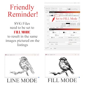 May include: A friendly reminder to set SVG files to "Fill Mode" in a laser cutting software program. The image shows a bird illustration in "Line Mode" and "Fill Mode".