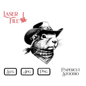 May include: Black and white illustration of a gopher wearing a cowboy hat and bandana. The gopher is looking to the right. The image is a digital download for crafting projects.