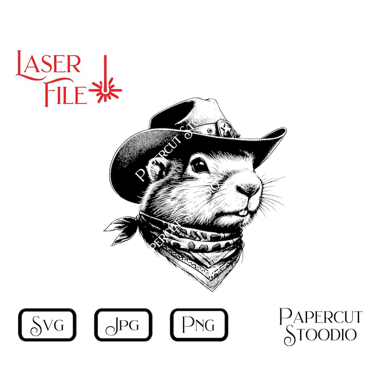 May include: Black and white illustration of a gopher wearing a cowboy hat and bandana. The gopher is looking to the right. The image is a digital download for crafting projects.