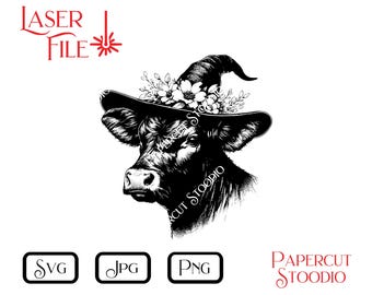 Cow Witch Hat Laser Engrave File, Farmhouse Halloween Decor (SVG, PNG, JPG)