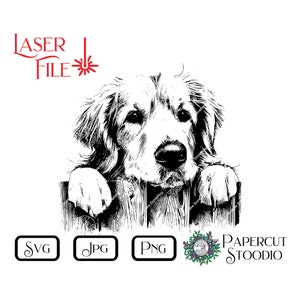 Laser-Gravur-Datei, Golden Retriever Hund Peek SVG, DIY Türschild Hund Zaun Zeichen LightBurn GlowForge Holzbearbeitung Hund Gravurschild Willkommen
