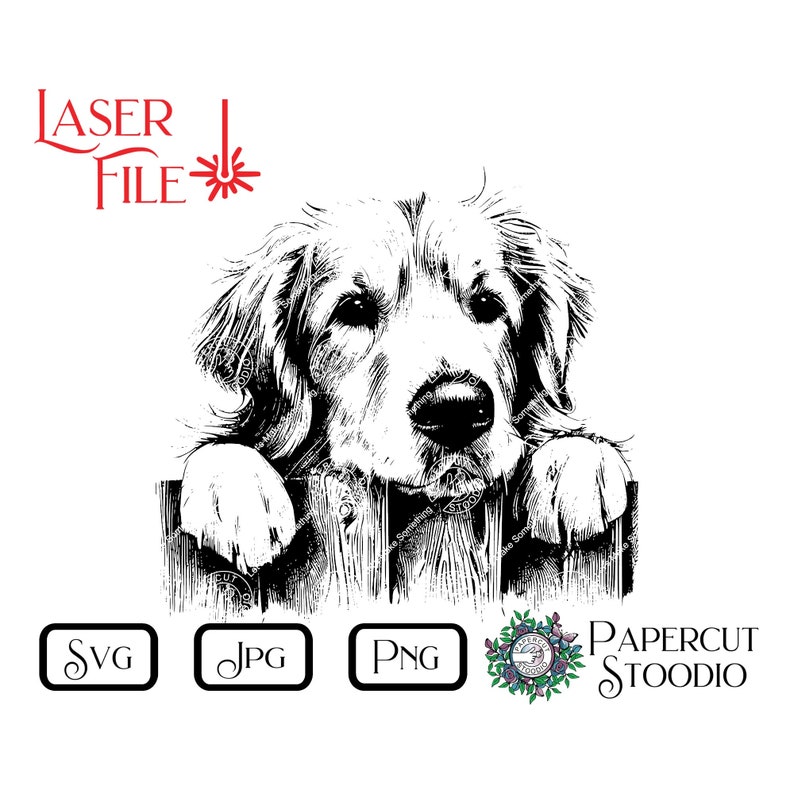Może przedstawiać: Czarno-biała ilustracja psa Golden Retriever wyglądającego znad drewnianego płotu. Obraz zawiera czerwony tekst "LASER FILE" oraz ikony typ&oacute;w plik&oacute;w SVG, JPG i PNG. Widoczne jest r&oacute;wnież logo Papercut Stoodio.