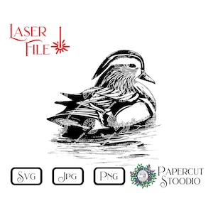 May include: Black and white line art illustration of a mandarin duck swimming in water. The duck has a distinctive crest and patterned feathers.