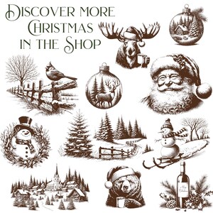 Puede incluir: Una colecci&oacute;n de ilustraciones dibujadas a mano con temas navide&ntilde;os. Las ilustraciones incluyen un alce, Santa Claus, un mu&ntilde;eco de nieve, un ciervo, un oso, un cardenal, una botella de vino, un pueblo navide&ntilde;o y una variedad de &aacute;rboles. El texto "DISCOVER MORE CHRISTMAS IN THE SHOP" est&aacute; en la parte superior de la imagen.