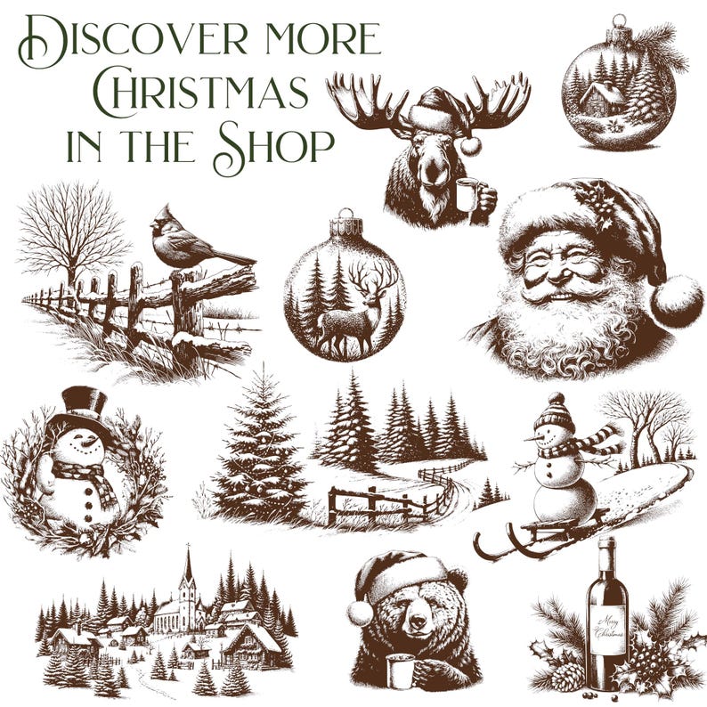 Puede incluir: Una colecci&oacute;n de ilustraciones dibujadas a mano con temas navide&ntilde;os. Las ilustraciones incluyen un alce, Santa Claus, un mu&ntilde;eco de nieve, un ciervo, un oso, un cardenal, una botella de vino, un pueblo navide&ntilde;o y una variedad de &aacute;rboles. El texto "DISCOVER MORE CHRISTMAS IN THE SHOP" est&aacute; en la parte superior de la imagen.