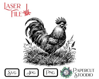 Laser Engrave File, Rooster in Grass SVG, for Lightburn GlowForge Kitchen, Farm, Farmhouse Wood Sign, Cutting Board, Woodworking Gifts