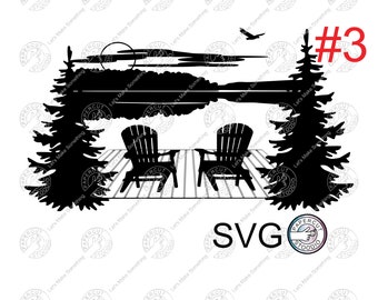 Lake Scene Chairs Dock Svg, Lake And Forest Scene Svg Files For DIY T-Shirt, Sticker, Mug, Wood Signs