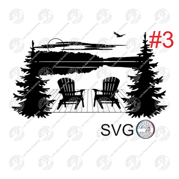 Lake Scene Chairs Dock Svg, Lake And Forest Scene Svg Files For DIY T-Shirt, Sticker, Mug, Wood Signs