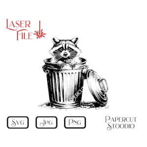 May include: Black and white illustration of a raccoon peeking out of a trash can with the lid slightly ajar. The trash can has a textured surface and is sitting on a white background.