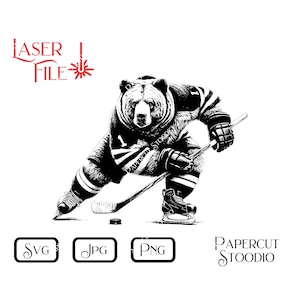 May include: Black and white illustration of a bear wearing a hockey uniform and holding a hockey stick. The bear is skating on ice. The image is a digital download for laser cutting.