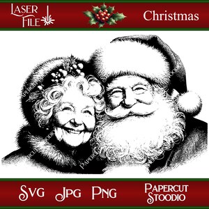 Puede incluir: Ilustraci&oacute;n en blanco y negro de l&iacute;nea de arte de Santa Claus y una mujer con un cuello de piel blanca. Santa Claus est&aacute; sonriendo y tiene una larga barba blanca. La mujer est&aacute; sonriendo y tiene el pelo rizado. La imagen es una ilustraci&oacute;n con tem&aacute;tica navide&ntilde;a.