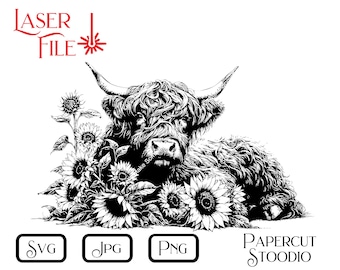 Highland Cow Sunflower Laser Engrave File, SVG PNG JPG (Digital Download)