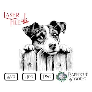 Lasergraveerbestand, Jack Russell-hondenras Dog Peek SVG, DIY Dog Fence Sign LightBurn GlowForge houtbewerking hond graveerbord welkom