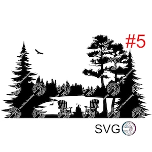 Lake Scene Adirondack Chairs Campfire Svg Files, Lake And Forest Scene Svg Files, Lake scenery,Sticker, Mug, Wood Signs