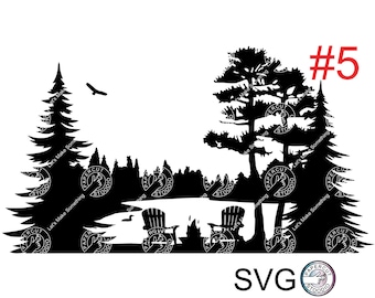 Lake Scene Adirondack Chairs Campfire Svg Files, Lake And Forest Scene Svg Files, Lake scenery,Sticker, Mug, Wood Signs