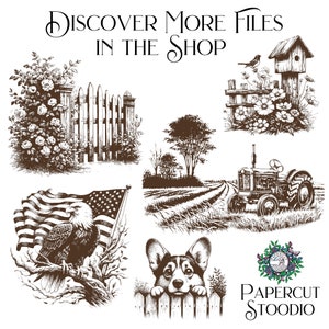 May include: A collection of black and white illustrations featuring a farmhouse, a tractor, a birdhouse, a fence, a dog, an eagle, and an American flag. The illustrations are in a vintage style and are perfect for scrapbooking, card making, or other craft projects.  Discover More Files in the Shop.