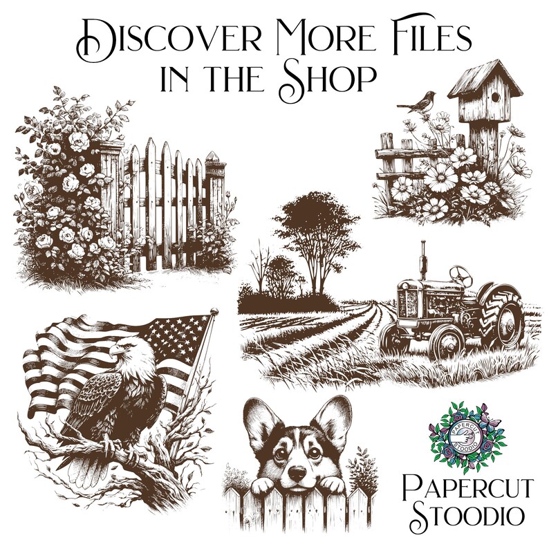 May include: A collection of black and white illustrations featuring a farmhouse, a tractor, a birdhouse, a fence, a dog, an eagle, and an American flag. The illustrations are in a vintage style and are perfect for scrapbooking, card making, or other craft projects.  Discover More Files in the Shop.