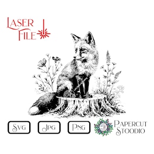 Laser Engrave File Fox Stump 2 SVG, LightBurn GlowForge Signs Cutting Boards Coasters for Cabin Lodge Cottage Rustic Personalized Gifts