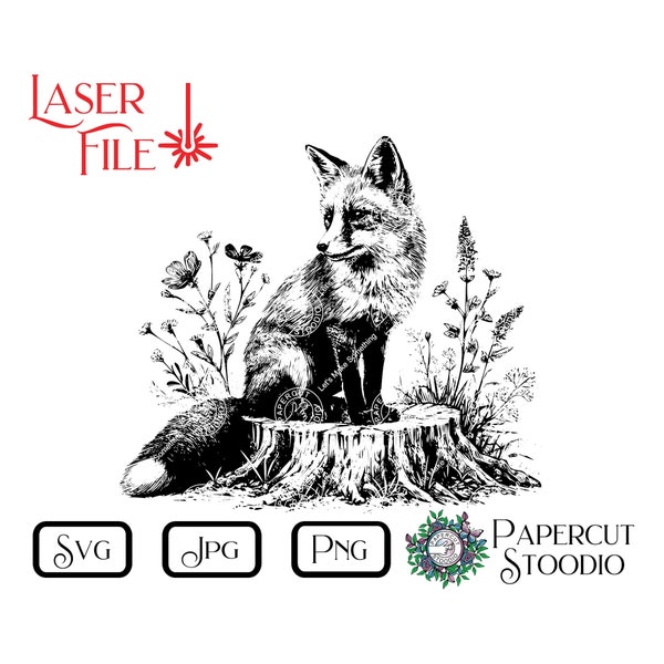 Laser Engrave File Fox Stump 2 SVG, LightBurn GlowForge Signs Cutting Boards Coasters for Cabin Lodge Cottage Rustic Personalized Gifts