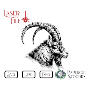 Lasergraveerbestand, Ibex Head SVG, LightBurn GlowForge voor borden Snijplanken Onderzetters Rustiek Home Decor Gepersonaliseerde geschenken