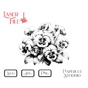 Può includere: Illustrazione in bianco e nero a linea di un mazzo di violette. Le violette sono disegnate in uno stile realistico con petali e foglie dettagliati.