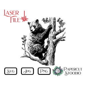 Lasergravurdatei - Bär im Baum 3 SVG, LightBurn GlowForge Schilder Schneidebretter Untersetzer für Cabin Cottage Cottage Rustikale personalisierte Geschenke