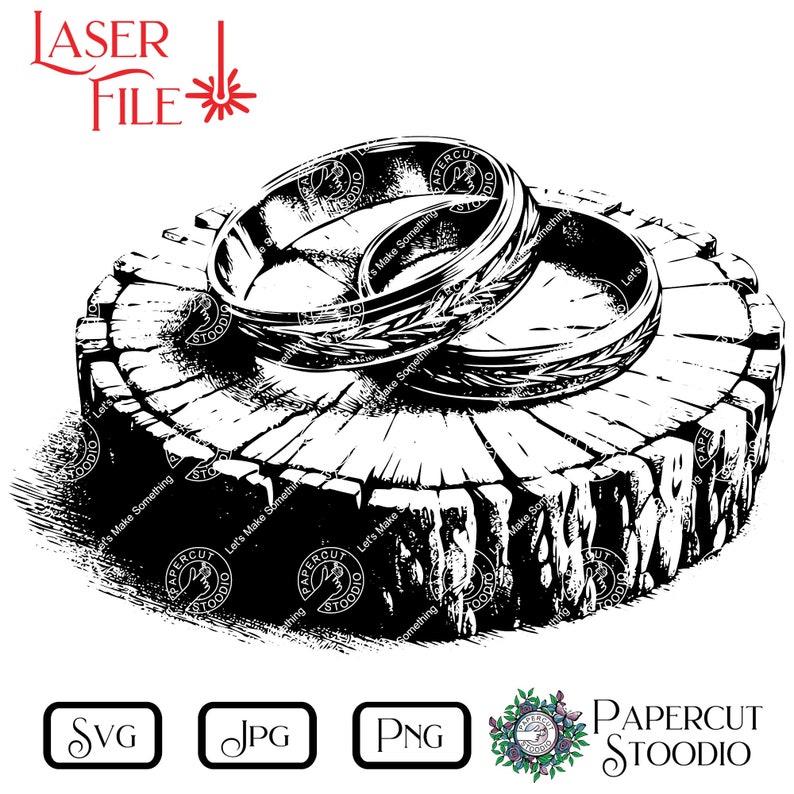 May include: Black and white line art illustration of three wedding bands on a tree stump. The bands are stacked on top of each other and have a decorative design. The tree stump is textured and has a rough surface. The image is labeled "Laser File" and "Papercut Stoodio".