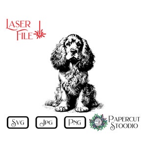 Könnte beinhalten: Schwarz-weiß-Linienzeichnung eines sitzenden Cocker Spaniels. Der Hund schaut direkt auf den Betrachter. Das Bild eignet sich für die Verwendung als Laser-Schneidedatei.