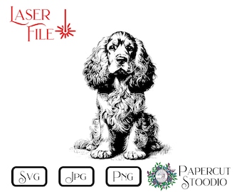 May include: Black and white line art illustration of a cocker spaniel dog sitting. The dog is looking directly at the viewer. The image is suitable for use as a laser cut file.