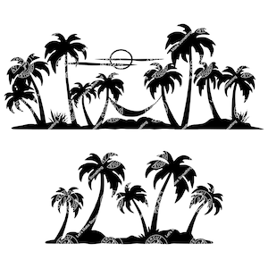 Pacchetto di palme Svg Silhouette vettoriale Spiaggia tropicale Isola Tramonto estivo Oasi Hawaii