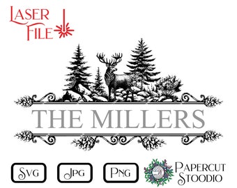 Archivo de grabado láser, monograma de ciervo de pino SVG, descarga digital LightBurn GlowForge para letrero de madera, regalo personalizado, decoración del hogar, tabla de cortar
