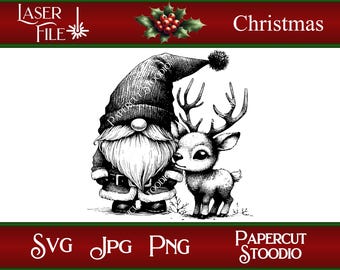 May include: Black and white illustration of a gnome with a red hat and a reindeer. The gnome is wearing a belt and has a long beard. The reindeer has large antlers and is looking at the gnome.