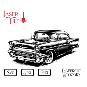 File di incisione laser, Vintage Car 1 SVG, Lightburn GlowForge Download per tagliere, insegne di negozi, garage, arredamento per la casa anni '50, arte murale