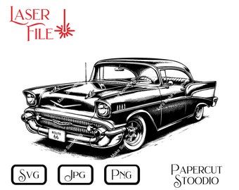 Puede incluir: Ilustración en blanco y negro de línea de un coche clásico de los años 50. El coche tiene una matrícula de Route 66 y está dibujado en un estilo vintage.