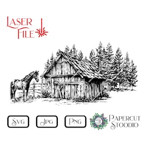 Fichier de gravure laser, cheval de grange SVG, pays équin LightBurn GlowForge, menuiserie pour panneaux planches à découper sous-verres cadeaux personnalisés