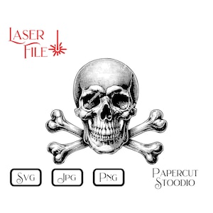 Op de afbeelding: Zwart-witte illustratie van een schedel met gekruiste beenderen. De schedel is gedetailleerd met een realistische weergave van tanden en oogkassen. De gekruiste beenderen zijn achter de schedel geplaatst, wat een klassiek piratensymbool creëert.