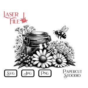 May include: Black and white illustration of a glass jar with a lid, surrounded by flowers and a bee. The jar is labelled "PAPERCUT STUDIO".