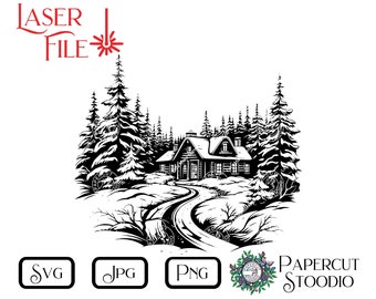 Laser Engrave File, Snow Cabin #3 SVG, LightBurn GlowForge Wood Burn Digital Download Wood Sign Personalized Gift Home Decor Cutting Board