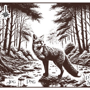 May include: A black and white illustration of a fox standing on a rock in a stream. The fox is looking to the right. The background is a forest with trees on both sides of the stream. The text "LASER FILE" and "PAPERCUT STOODIO" are in the top left and bottom right corners of the image.
