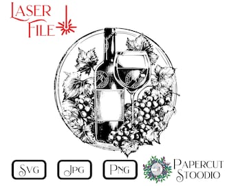 May include: Black and white illustration of a wine bottle, glass, and grapes on a circular tray. The bottle has a label with the text "PAPER CUT STUDIO".