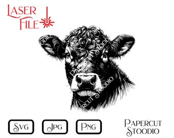 May include: Black and white line art illustration of a cow's head. The cow is looking directly at the viewer. The image is suitable for laser cutting, paper cutting, or digital design projects.