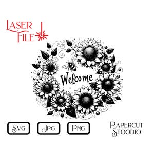 Arquivo de gravação a laser, Sunflower Welcome SVG, LightBurn GlowForge Tábua de corte Projetos de madeira Placa de jardim Presentes personalizados Azulejos pintados